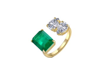 Emerald and Diamond Simulants Toi Et Moi Sterling Silver Ring in 18K Gold