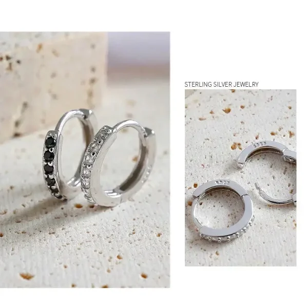 925 Silver Huggie Hoop Earrings in Sparkling black/white 5A grade Zircon,Stacking hoops,Tiny huggie hoops